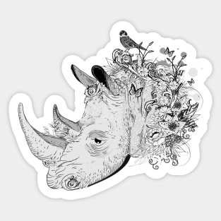 decorated rhino with flowers and bird Sticker